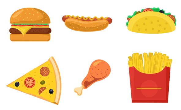 Vector set of fast food. Vector illustration in flat style. Hamburger pizza sausages snacks sandwich food menu vector flat pictures