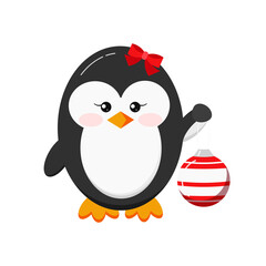 Cute xmas penguin girl with christmas ball isolated on white background. Winter baby penguin bird with red bow holds christmas ball. Flat design holiday character vector illustration.