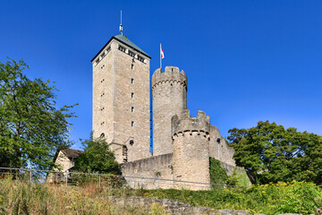Fototapeta na wymiar Old historic hill castle called 'Starkenburg' in Odenwald forest in Heppenheim city in Germany
