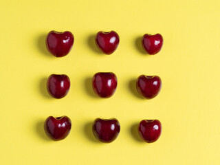 top view of the square-shaped cherries. Healthy food, vegetarian cuisine, fresh fruit, flat lay