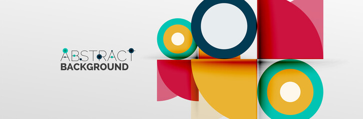 Bright color circles, abstract round shapes and triangles composition with shadow effects. Vector modern geometric design template