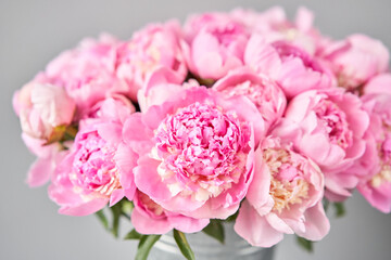 Beautiful Pink peony flower for catalog or online store. Floral shop concept . Beautiful fresh cut bouquet. Flowers delivery