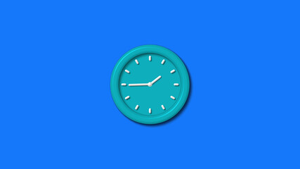 New cyan color 3d wall clock isolated on blue background,12 hours clock isolated