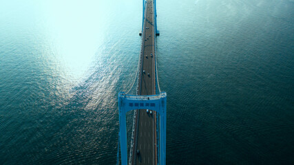Aerial photo of the cross sea bridge at sunset was taken in Dalian, Liaoning Province, China