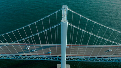 Aerial photo of the cross sea bridge at sunset was taken in Dalian, Liaoning Province, China