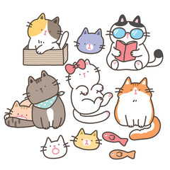 Set of Cartoon Cat Characters. Vector Illustration of Cute Cartoon Cats on White Isolated Background