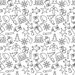 Christmas seamless vector pattern. Black and white outlines of Christmas and new year symbols on a white background . New year pattern for packaging, design, scrabooking, Wallpaper, fabric, print