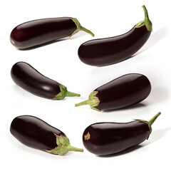 Six ripe eggplant isolated on white background. Full depth of field. With clipping path.