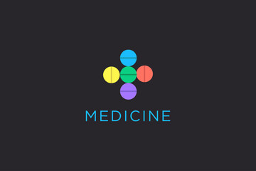 Abstract Medical Logo. Colorful Pills Medicine Cross Sign Health Symbol Pharmacy Icon isolated on Black Background. Flat Vector Logo Design Template Element.