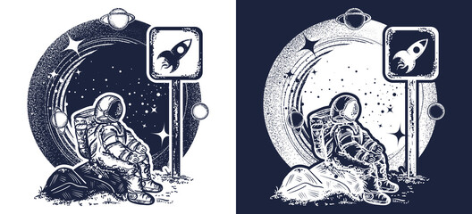 Astronaut in space. Tattoo and t-shirt design. Symbol of startup, space tourism, dream, imagination. Black and white vector graphics