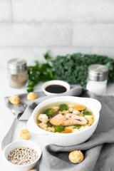 fish soup with pink salmon, cauliflower and broccoli