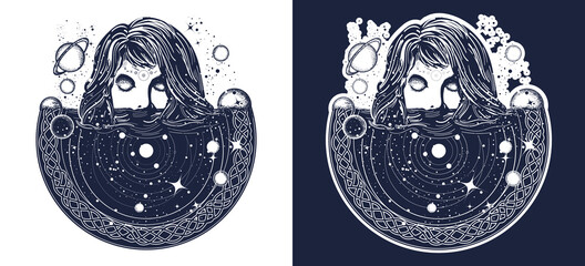 Woman in space tattoo art. Surreal girl sinks in universe. Symbol of magic, esoterics, astrology t-shirt design. Black and white vector graphics