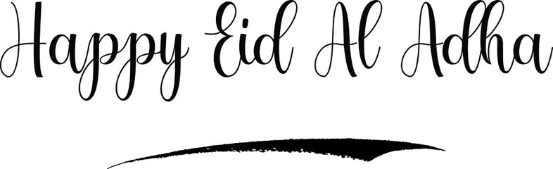 Happy Eid Al Adha. Calligraphy Handwritten Black Color Text On Yellow 
Background