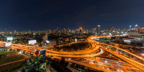 Fototapeta na wymiar Panoramic image of Cityscape of Bangkok so called Na Ranong Square at night