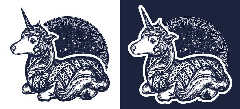 Unicorn and universe tattoo and t-shirt design. Symbol of dreams, tales, imagination. Black and white vector graphics