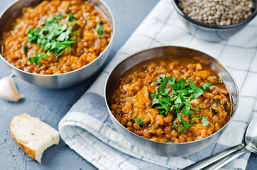 Cabbage Lentil stew in a bowl with parsley