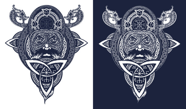 Viking warrior tattoo, t-shirt design. Celtic emblem of Odin. Northern dragons, viking helmet, ethnic style. Black and white vector graphics