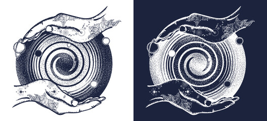 Magic hands and universe, black hole tattoo and t-shirt design. Universe symbol, space travel, house of mankind. Black and white vector graphics © intueri