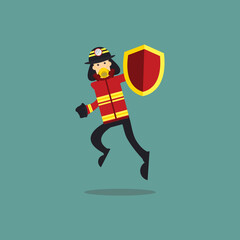 Cartoon Illustration of Fireman Hold a Shield
