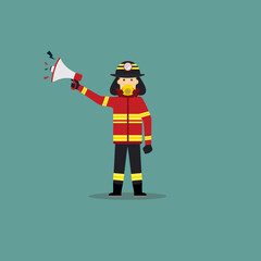 Cartoon Illustration of Fireman Hold a Loudspeaker