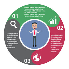 3 step vector element in three colors with labels, infographic diagram. Business concept of 3 steps or options with businessman