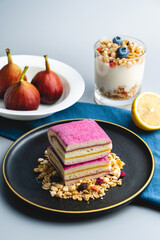 A healthy western breakfast with figs and cake oatmeal
