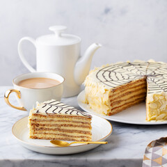 Traditional Hungarian Esterhazy cake, torte with cup of coffee. Marble background. Close up.