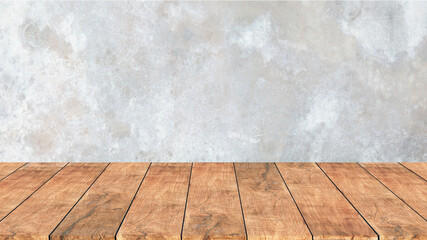 Wooden shelf with raw old cement concrete or plaster wall with stains and cracks for background and...
