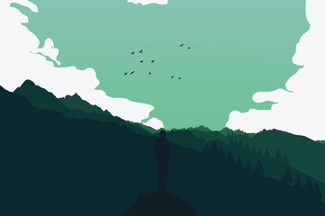 vector nature illustration with mountains and forest on first view. silhouette landscape