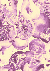 Watercolor, vintage seamless pattern - fruit ripe pomegranate, pear, figs, slices of figs. Vintage drawing of fruits, stones, tropical flowers, fruit. Fashionable  art pattern. Monochrome
