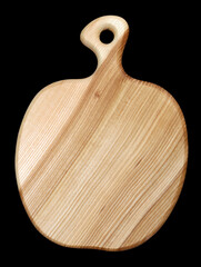 Wooden handmade kitchen board carved in the shape of an apple isolated
