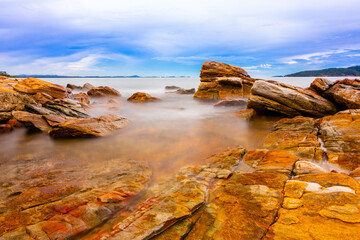 The sea spray hitting the rocks in the afternoon at Khao Laemya National Park Thailand.