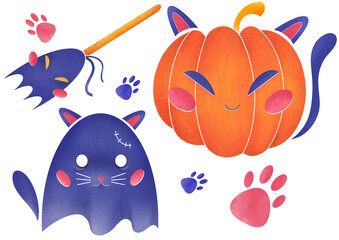 Halloween watercolor clipart set. Happy Halloween. Cute pumpkin, cat Ghost, broom, cat tracks spots, cute Halloween