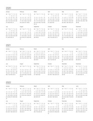 Perfect minimalist calendar. 2020, 2021 and 2022 years at glance. Week starts at Monday. European English Gregorian calendar.  Planner and bullet journal sticker. Stationery printable. Vector. 