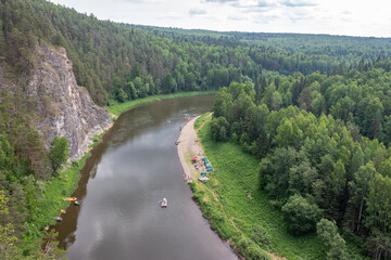 Panoramic view of the river, forest and rocks