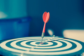 Bulls eye or dart board has red dart arrow throw hitting the center of a shooting target for business targeting and winning goals business concepts.