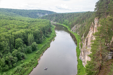 Panoramic view of the river, forest and rocks