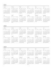 Perfect minimalist calendar. 2021, 2022 and 2023 years at glance. Week starts at Monday. European English Gregorian calendar. Planner and bullet journal sticker. Stationery printable. Vector.