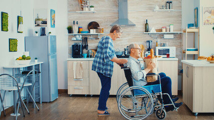 Old woman pushing invalid senior husband in wheelchair after arriving with grocery paper bag from...