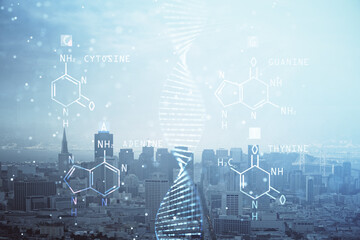 Double exposure of DNA drawing and cityscape background. Concept of education.