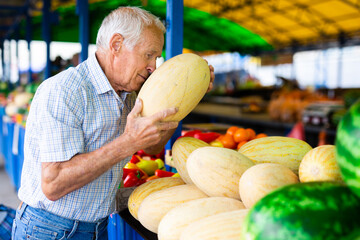 retired european man buys melons and watermelons in market