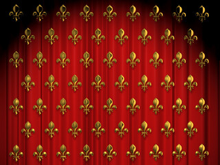 Red theatre curtain with royal lilies 3d rendering © woverwolf