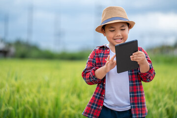 Asian Little boy watching tablet and interested in learning the surroundings in the green fields, education concept outside the classroom Educational freedom