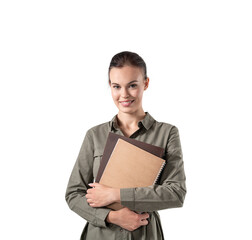 Obraz premium Smiling business woman with folder, isolated