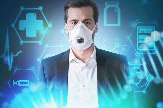 Man in protective mask and medical icons