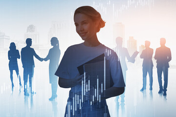 Woman with folders and team, charts