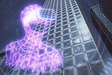 Double exposure of AR people drawing and cityscape background. Concept of augmented reality.