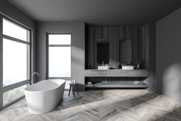 Fototapeta na wymiar Stylish gray and wooden bathroom with tub and double sink, side view