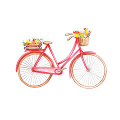 Fototapeta na wymiar Retro red bicycle, wooden box with flowers