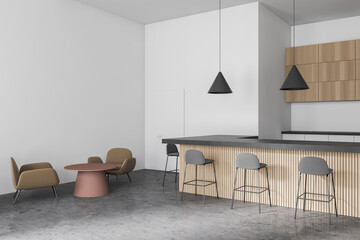 Modern white and wooden cafe bar corner with armchairs